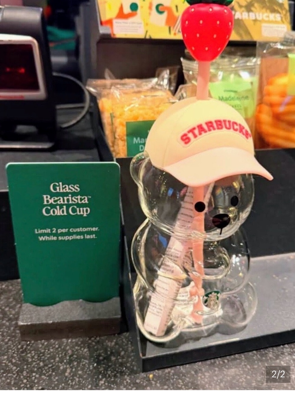 NWT Starbucks Clear Bear Glass Cup with Pink Hat, Straw & Red Strawberry Top